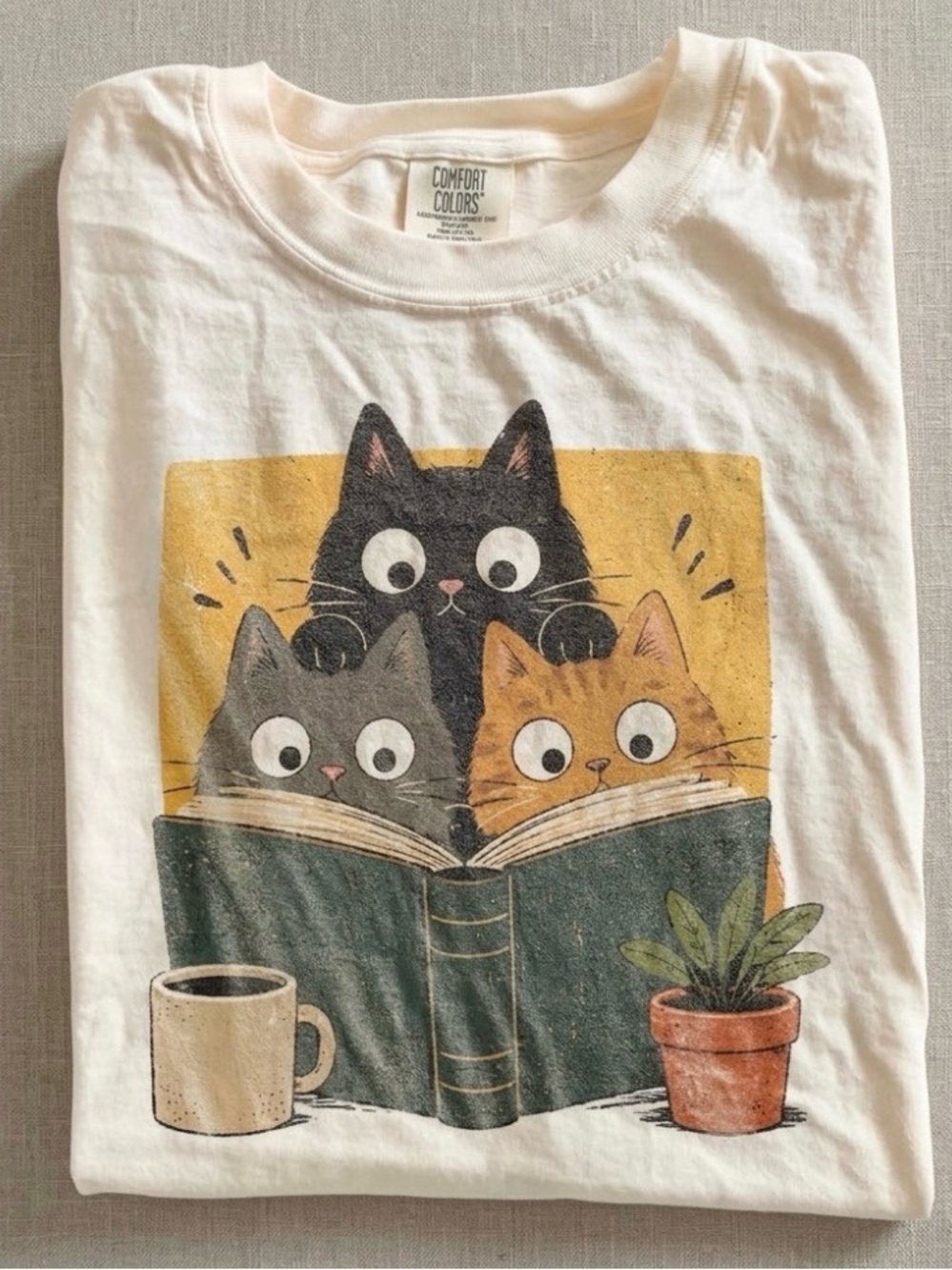 Comfort Colors Retro Curious Reading Cats Graphic Tee Book Lover Cat Shirt